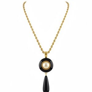 Gold Chain Necklace with Black and Pearl Pendant